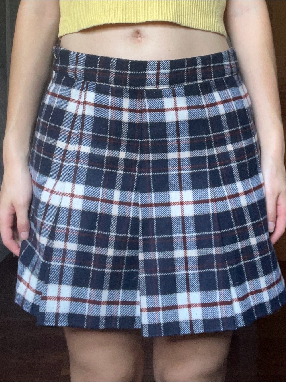H&M Navy, White and Brown Plaid Pleated Mini Skirt